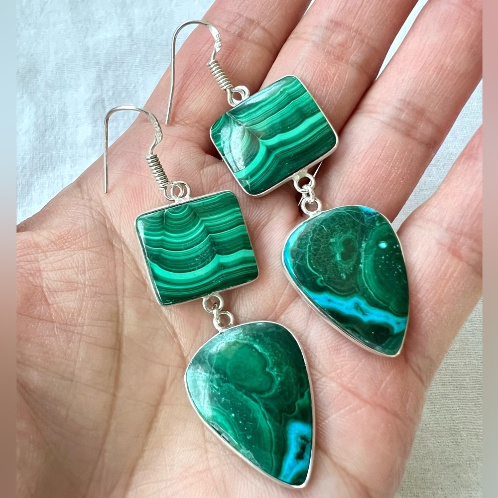925 OMG WOW! Stunning Malachite w/ Chrysocolla Long Earrings